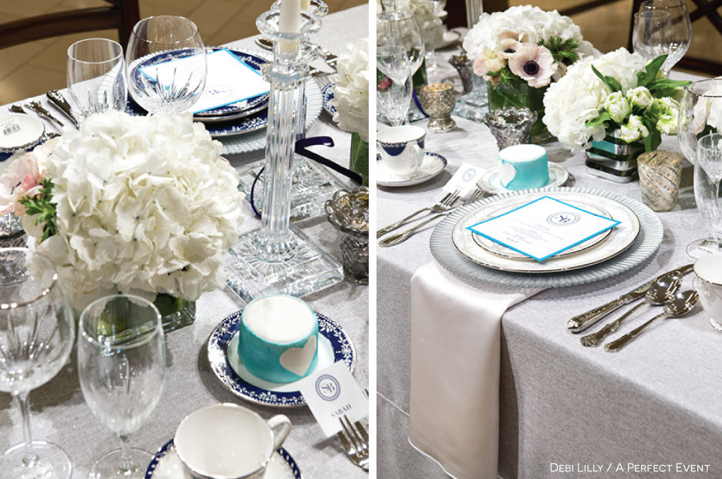 Decorate with holiday lights hanging around the event space and silver plates and linens